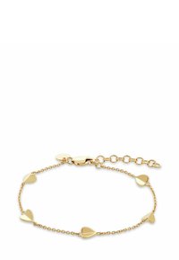 Guldarmband med flera hjärtformade detaljer, en säker låsning och justerbar längd för en anpassningsbar passform.