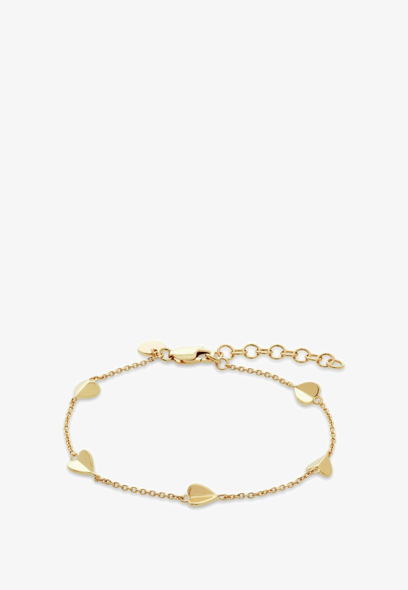Guldarmband med flera hjärtformade detaljer, en säker låsning och justerbar längd för en anpassningsbar passform.