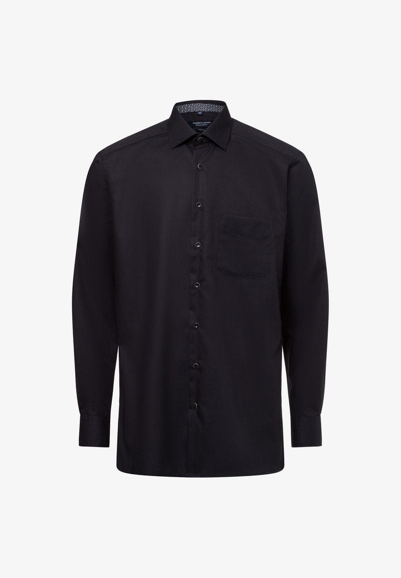 Schwarzes Langarmhemd mit knöpfbarem Frontverschluss, einer einzelnen Brusttasche und einem kontrastierenden gemusterten Innenkragen. Glatter Stoff mit einem eleganten Design.