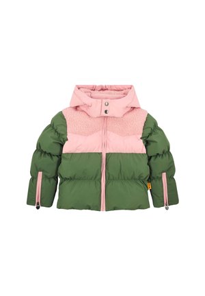 Children's puffer jacket with green and pink color blocks, sherpa texture on upper chest, front zipper, snap button hood, and sleeve zippers.