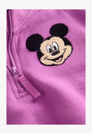 Felpa zip con texture in cotone viola, caratterizzata da un design ricamato di Topolino sul petto, con un'espressione sorridente e orecchie tonde.