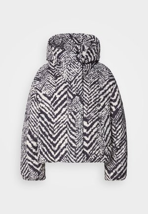 Puffer jacket with a hood, featuring a black and white chevron pattern, textured surface, and a cropped design.