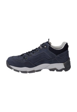 Marineblaue Wanderschuhe mit synthetischem Obermaterial, grauen Akzenten und weißem Zwischensohleneinsatz. Verfügt über eine strukturierte Gummisohle und ein Schnürdesign für besseren Halt.
