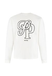 Weißes Langarm-T-Shirt aus Baumwolle mit großem schwarzen "PP"-Logo auf der Rückseite und dem Text "PurePath" darunter. Weicher Stoff mit rundem Ausschnitt.