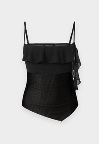 Top negru cu bretele subțiri ajustabile, design cu volane stratificate la decolteu și un corp cu textură netedă. Pe lateral are un accent fluid din material transparent.