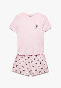 Pyjama en coton rose avec un haut à manches courtes côtelé arborant un graphique de panda et un short assorti décoré de motifs de panda. Bords festonnés.
