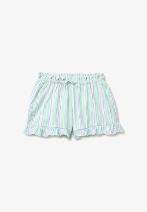Hellgrüne und weiße gestreifte Damen-Shorts mit elastischem Bund, Kordelzug und Rüschensaum.