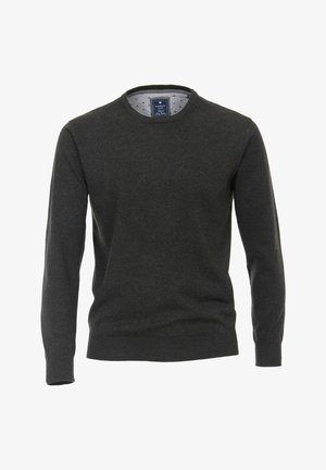 Ciemnoszara, długorękawowa sweter z okrągłym dekoltem, wykonany z miękkiego materiału, z delikatnym logo marki na piersi.