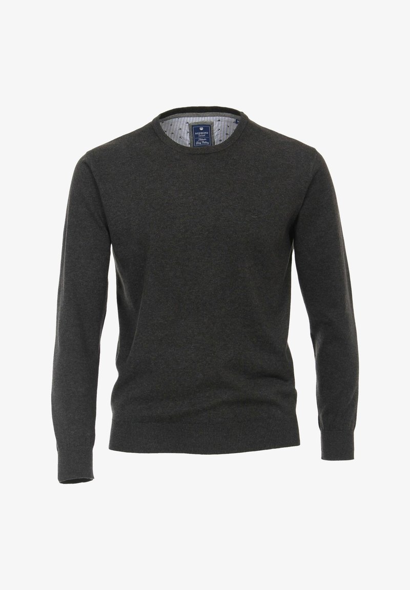 Donkergrijze trui met lange mouwen en een ronde hals, gemaakt van een zachte stof, met een subtiele merklogo op de borst.
