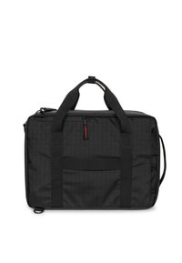 Bolsa de viaje de tela negra con superficie texturizada, dos asas superiores, correa de hombro ajustable, bolsillo frontal con cremallera y acentos en el panel lateral.