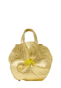 Guldfarvet metallic håndtaske med et blomstermotiv, herunder teksturerede kronblade og en gul central accent. Korte håndtag til bæring.