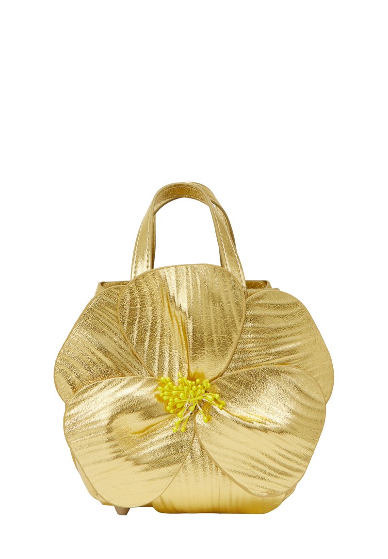 Guldfarvet metallic håndtaske med et blomstermotiv, herunder teksturerede kronblade og en gul central accent. Korte håndtag til bæring.