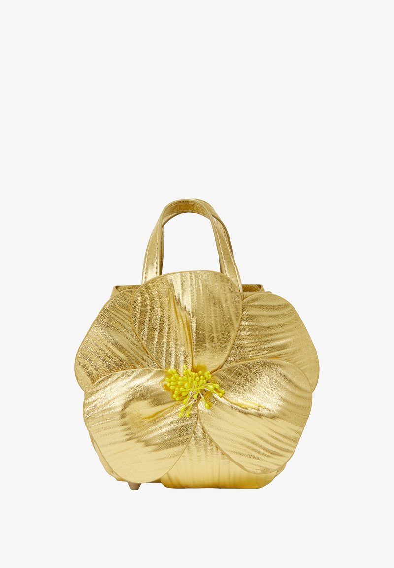 Guldfarvet metallic håndtaske med et blomstermotiv, herunder teksturerede kronblade og en gul central accent. Korte håndtag til bæring.