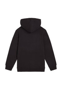 Sudadera negra con una textura suave, cuenta con una capucha amplia y mangas largas. Los puños y el dobladillo acanalados ofrecen un ajuste ceñido.