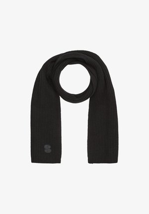 Black knitted scarf with a textured ribbed design. Features a small logo tag on one end. Soft material, elongated rectangular shape.