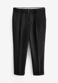 Pantalon noir avec un motif en chevrons, tissu texturé, jambes fuselées et ourlets cousus. Passant de ceinture avec un détail de boucle en métal.