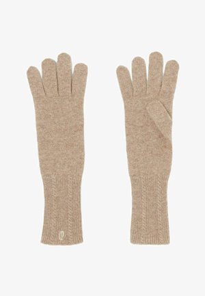 Guantes de lana suaves de color marrón claro, tejidos. Presentan cinco dedos, puños acanalados y un sutil logo en la muñeca.