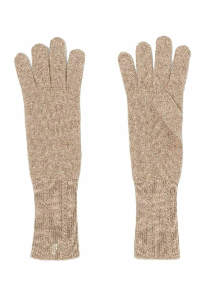 Guantes de lana suaves de color marrón claro, tejidos. Presentan cinco dedos, puños acanalados y un sutil logo en la muñeca.