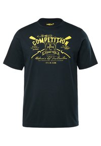 Námorně modré bavlněné tričko s krátkými rukávy, které má žlutý grafický potisk s veslařskou tematikou a text. Kulatý výstřih. Standardní střih.