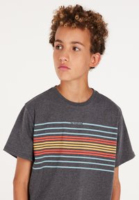 Grijze katoenen t-shirt met een horizontaal streepmotief in blauw, rood, geel en oranje. Logo "PROTEST" gecentreerd boven de strepen.