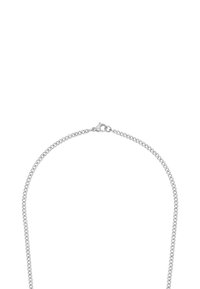 Collana in argento con maglie rotonde, dotata di una chiusura a moschettone sicura. La superficie è liscia e lucida, riflettendo la luce.