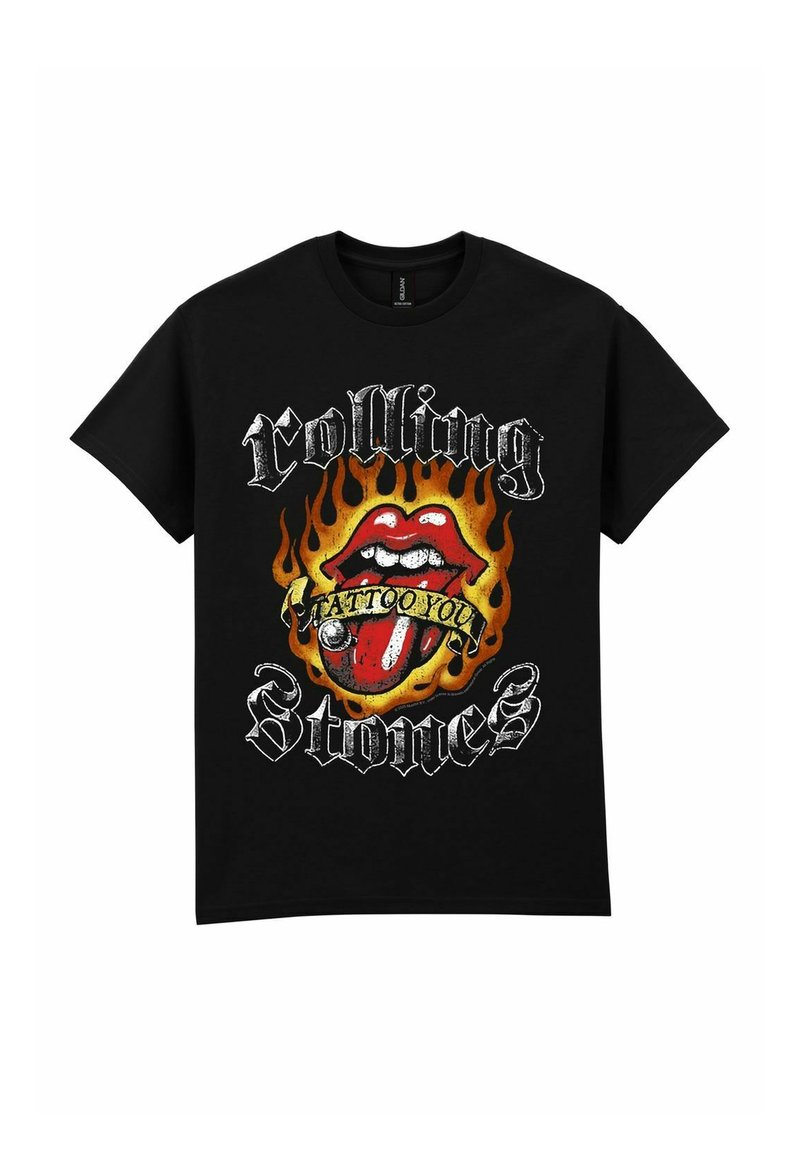 Černé bavlněné tričko se grafikou červených rtů s jazykem, plameny a nápisem "Rolling Stones" v bílých a žlutých akcentacích.