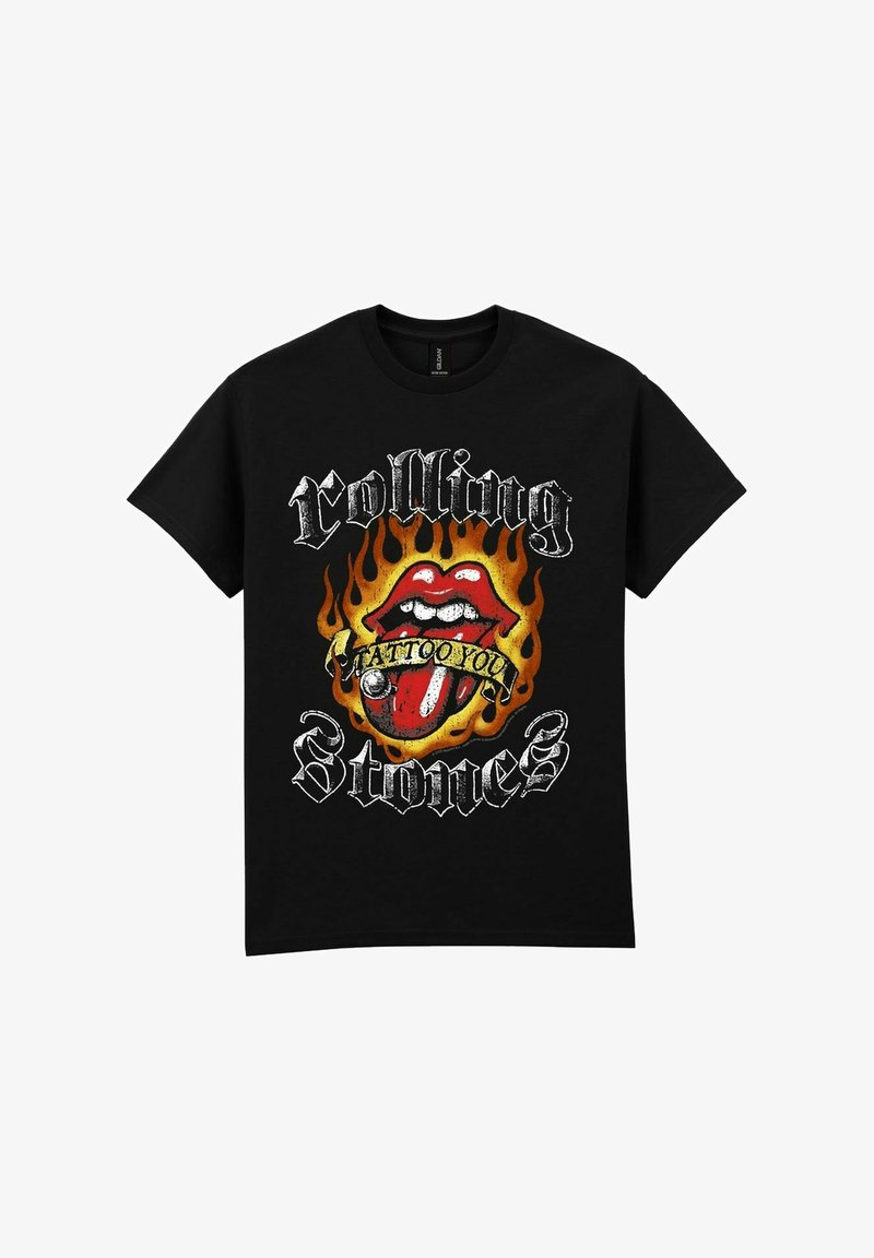 Musta puuvillapaita, jossa on grafiikka punaisista huulista kielen kanssa, liekkejä sekä teksti "Rolling Stones" valkoisilla ja keltaisilla yksityiskohdilla.