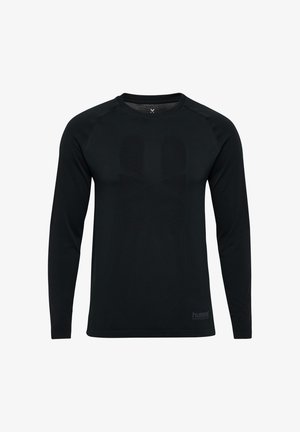 Schwarzes langärmeliges Sportshirt aus dehnbarem Material. Mit Raglanärmeln, Rundhalsausschnitt und minimalem Branding in dezentem Grau.