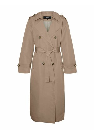 Beige tweeknoop lange jas met brede revers, een taille met ceintuur, knoopschouderepauletten en manchetstraps.