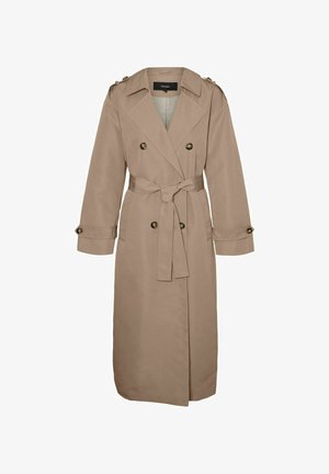 Bézs színű, dupla soros gombolású ballonkabát széles reverekkel, deréknál övvel, gombos vállpántokkal és mandzsettás pántokkal.