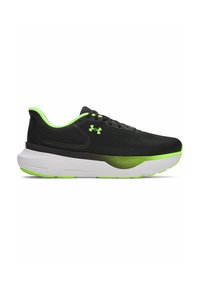Black athletic shoe made of mesh and synthetic materials. Features a white and neon green sole, with a textured design and lacing system.