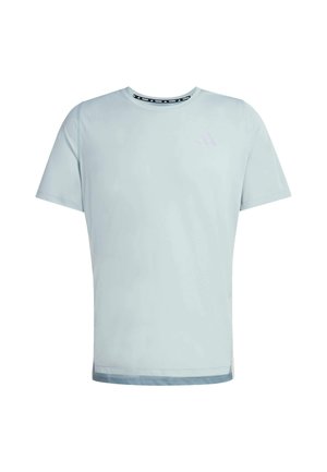 Light blue t-shirt with short sleeves, round neckline, and a subtle logo on the chest. Smooth fabric with a slightly glossy finish.