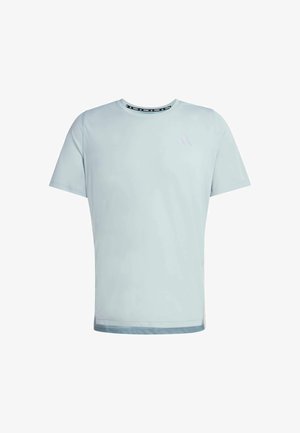 Light blue t-shirt with short sleeves, round neckline, and a subtle logo on the chest. Smooth fabric with a slightly glossy finish.