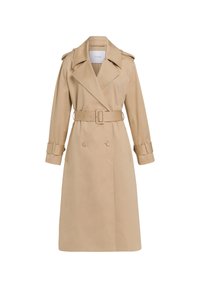 Beżowy trencz z podwójnym zapięciem z przodu, szerokim kołnierzem, paskiem w talii i mankietami. Gładki materiał o eleganckim wykończeniu.
