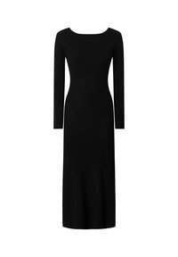 Juoda briaunota ilgaapvalkė su kvadratine iškirpte, prigludusia siluetu ir tiesiu kirpimu, kuris tęsiasi iki apatinio krašto.