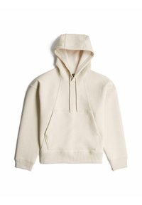 Crème hoodie met een trekkoordkap, een buidelzak en geribbelde manchetten. Gemaakt van zacht materiaal met een gladde textuur.