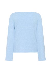 Pull bleu clair avec une texture douce, manches longues et encolure carrée. Le design présente une coupe décontractée et un minimalisme dans les détails.