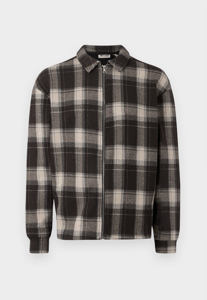 Giacca in flanella a scacchi bianco e nero con chiusura a zip, design con collo, maniche lunghe e texture morbida.