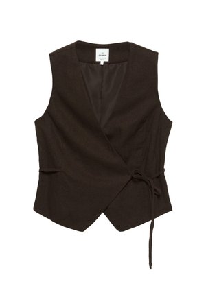 Donkerbruine mouwloze wikkelvest met een zijsluiting met strik en een V-hals, gemaakt van zachte stof.
