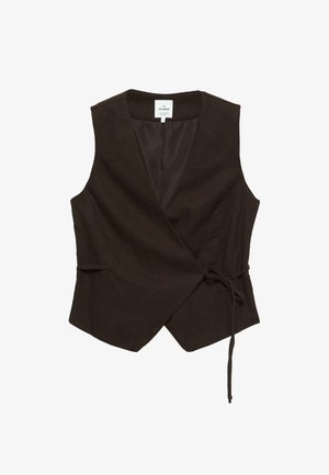 Ciemnobrązowa bezrękawnikowa kamizelka z zakładką i wiązaniem po boku oraz dekoltem w kształcie litery V, wykonana z miękkiego materiału.