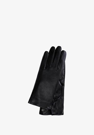 Paar schwarze Lederhandschuhe mit dekorativer Naht an der Seite und einem kleinen Metallemblem nahe am Handgelenk.