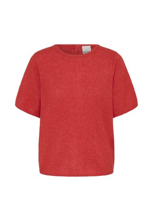 Röd kortärmad stickad t-shirt med rund halsringning. Har en mjuk textur och en avslappnad passform med minimal detaljering.