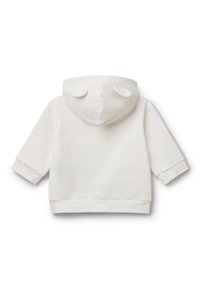 Felpa bianca per bambino con maniche lunghe e cappuccio, dotata di due piccole orecchie di stoffa arrotondate in cima.