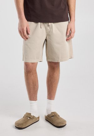 Man met beige korte broek, witte sokken, bruine suède instapschoenen en een donkerbruin overhemd, staand tegen een effen lichte achtergrond.