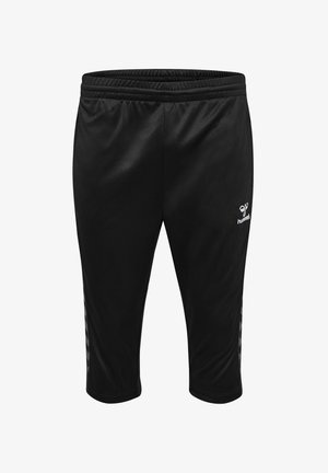 Sorte atletiske shorts med en glat overflade, knælang skæring, elastisk talje og kontrastfarvet diagonalt stribemønster på siderne.