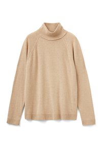 Pull en maille beige à manches longues et col roulé, avec un col, des poignets et un ourlet côtelés, présenté à plat sur un fond blanc.