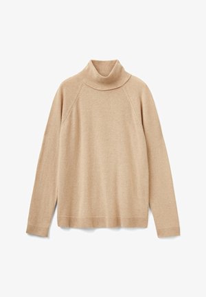 Beige svetr s dlouhým rukávem a rolákem, s žebrovaným límcem, manžetami a lemem, vystavený na bílé pozadí.