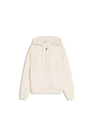 Cream-colored cable knit zip-up hoodie with drawstrings and front pockets, laid flat on white background.