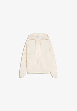 Cream-colored cable knit zip-up hoodie with drawstrings and front pockets, laid flat on white background.