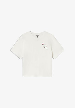 White cropped T-shirt with short sleeves, round neckline, and small red flower and "Thinking Mu" text on the left chest.